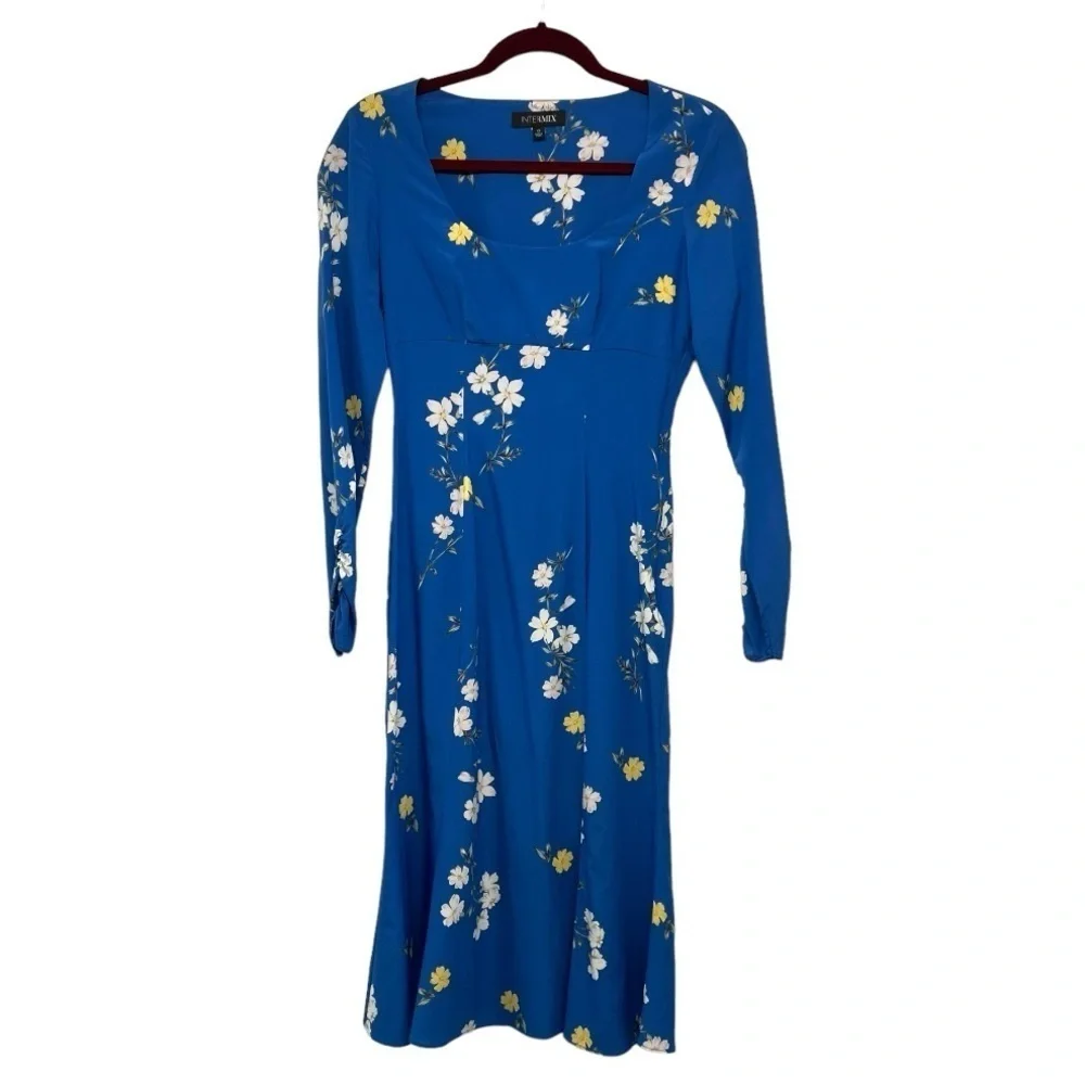 Intermix Mariabella Blue Silk Floral Long Sleeve Scoop Neck Dress Women’s 0 - Picture 5 of 12